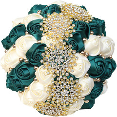 Emerald Green Ivory Bridal Wedding Bouquet with Gold Rhinestone Pearl for Quince