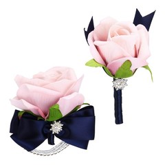 2Pcs Wrist Corsage Boutonnieres Set with Navy Blue Ribbon, Light Autumn Pink