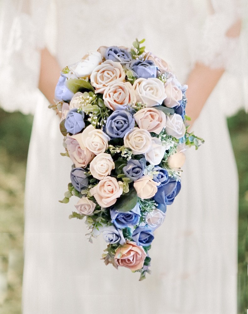 Pink Dusty Blue Cascade Bridal Bouquet made of Sola Wood Flowers for Wedding