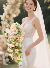 11 Inch Champagne Wedding Bouquets for Bride Bridesmaid, Artificial Rose Bridal