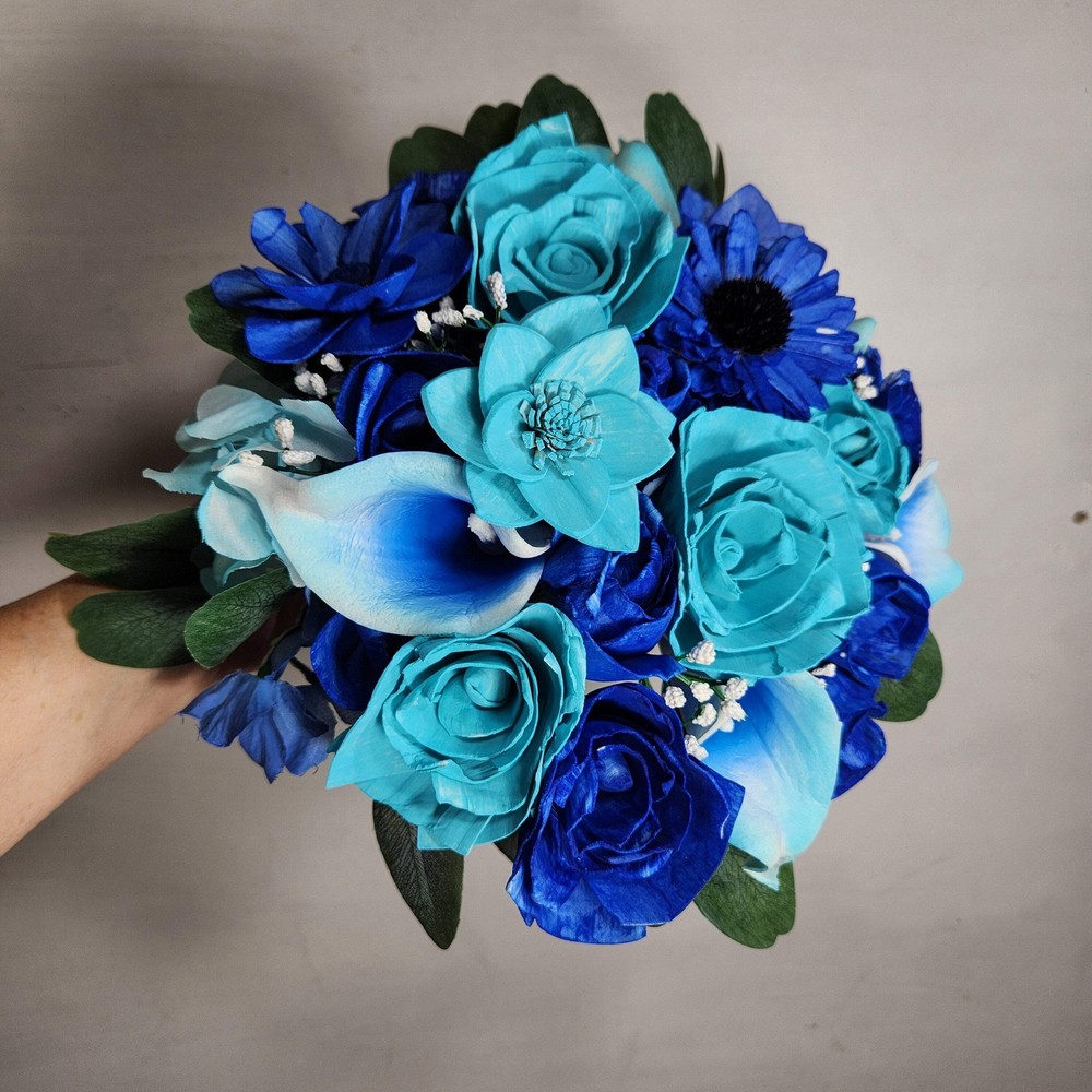 Turquoise Royal Blue Rose Calla Lily Real Touch Bridal Wedding Bouquet Accessori