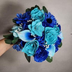 Turquoise Royal Blue Rose Calla Lily Real Touch Bridal Wedding Bouquet Accessori