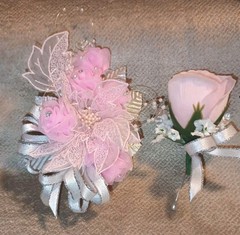 NEW 7″ Artificial Pink Rosettes Wrist Corsage & Matching Bout Pearls Rhinestones