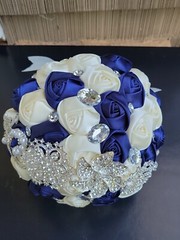 8″ Navy Blue Satin Rose Bridal Wedding Brooch Bouquet with Sparkle Rhinestones