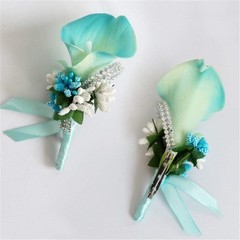 Yoanshop Calla Lily Blue Boutonniere Set of 4 Handmade Silk Flower with Ribbon