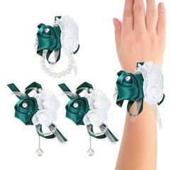 4 Pcs Wrist Corsage and Boutonnieres Set Silk Rose Wedding Bridesmaid Dark Green