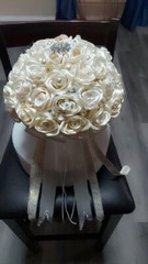 Elegant Handmade Cream White Wedding Bouquet with Pearls, Ribbons & Accessories