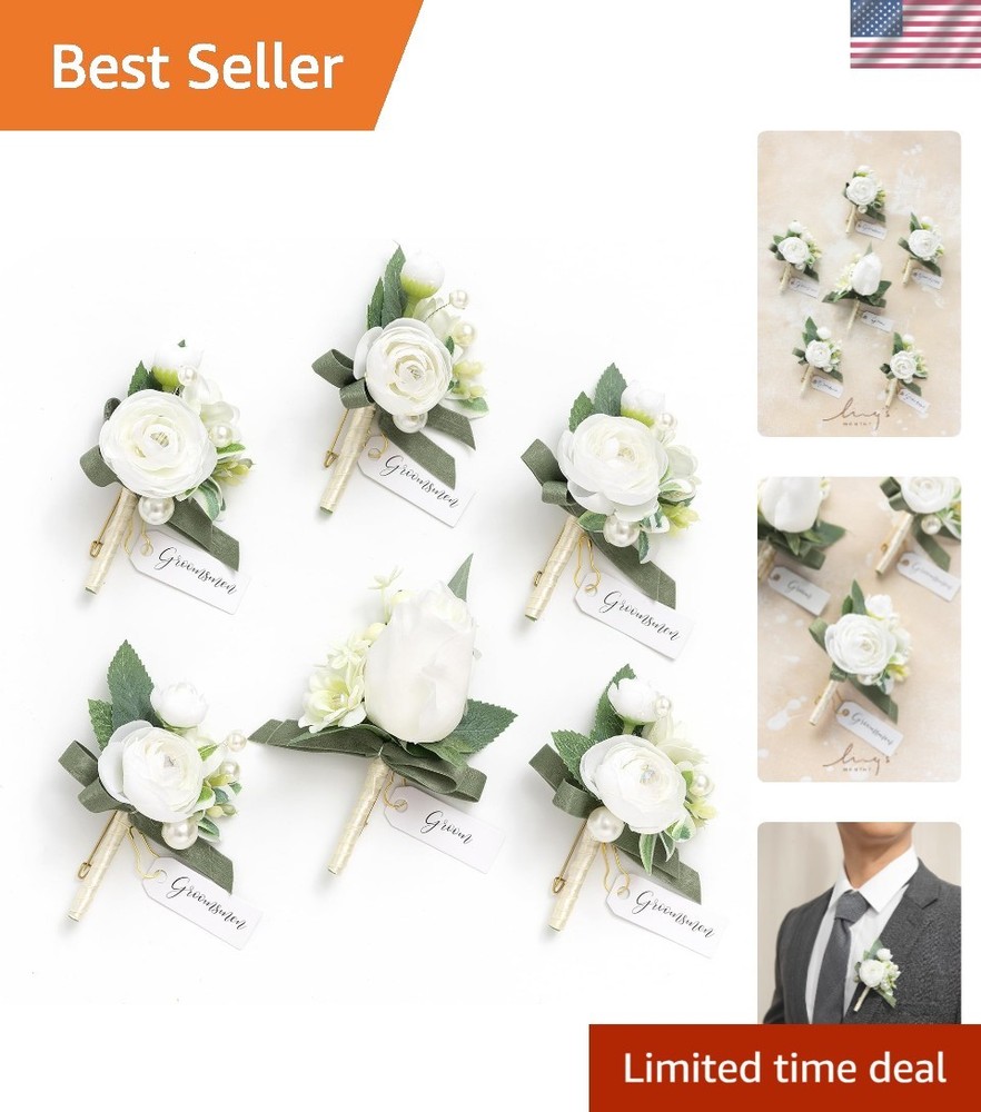 Boutonniere for Men, 6pcs Groom Groomsmen Boutonniere with Built-in Pins, Art…