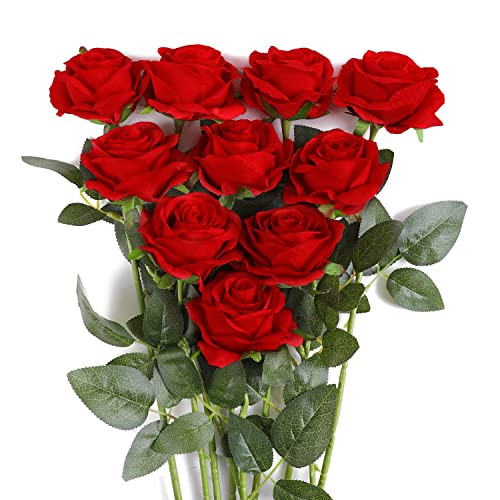 10Pcs Artificial Roses Flowers, Realistic Blossom Roses, Real Touch Silk Red
