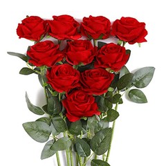 10Pcs Artificial Roses Flowers, Realistic Blossom Roses, Real Touch Silk Red