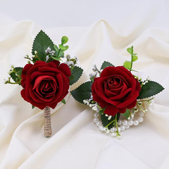 2Pcs Red Rose Corsage and Men Boutonniere Set, Wrist Band Bracelets, for Wedding