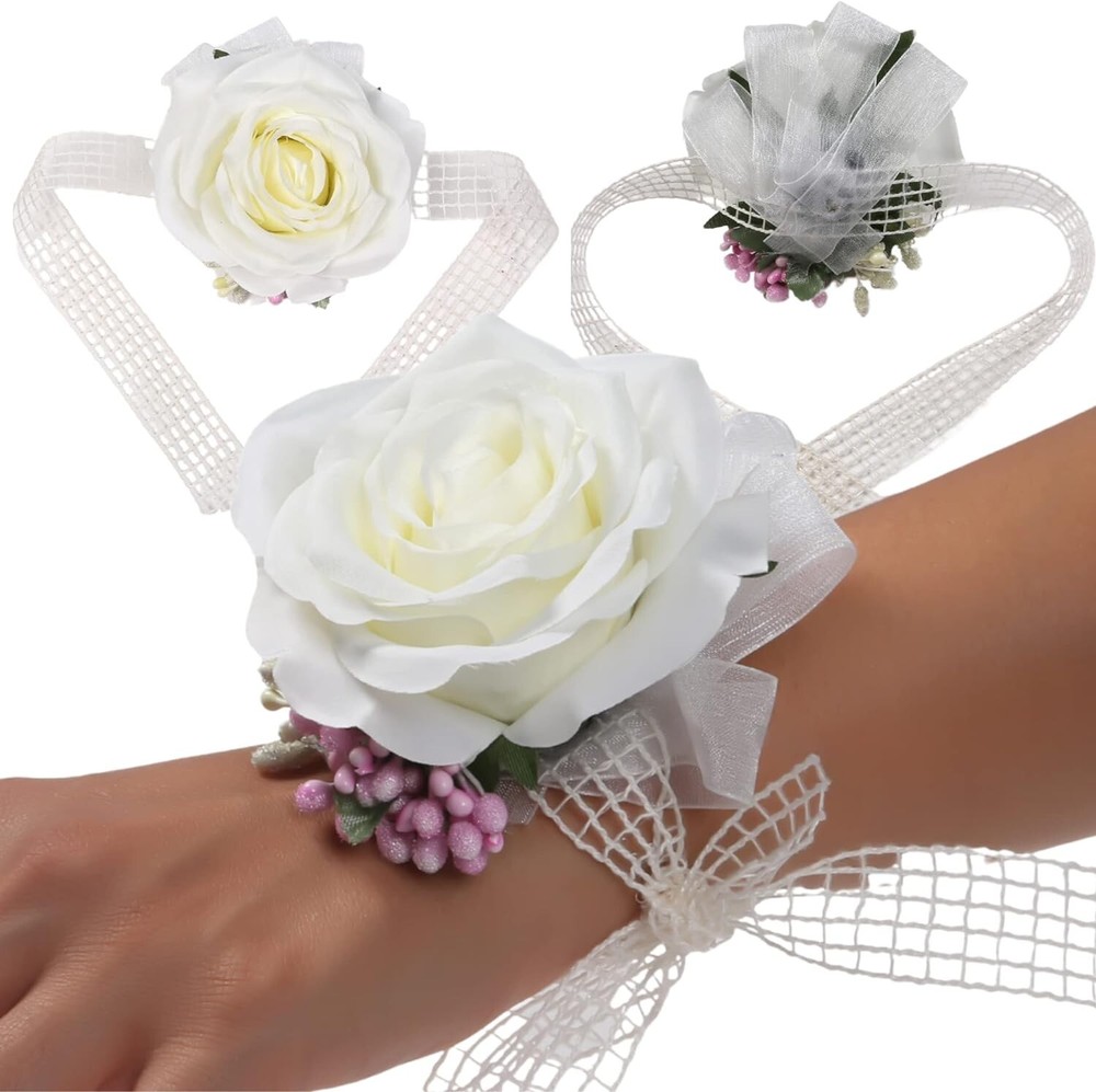 Corsage Set of 2, Ivory Rose Corsages for Wedding,….B26