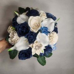 Navy Blue Ivory Rose Calla Lily Sola Wood Bridal Wedding Bouquet Accessories