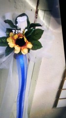 6pc wedding pew bows white and sunflower with Royal blue streamers rush orders