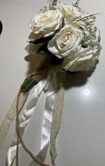 Bouquet White Roses Bride Boutonniere Lace Crochet Boho Cottage Beach Wedding