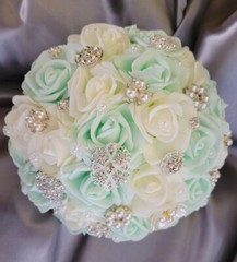 Bride Brooch Bouquet and Groom Boutonnière (Mint Green and off White