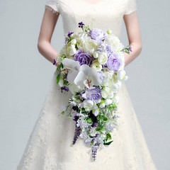Water Drop Bridal Bouquet Waterfall Artificial White Purple Flower Wedding Props