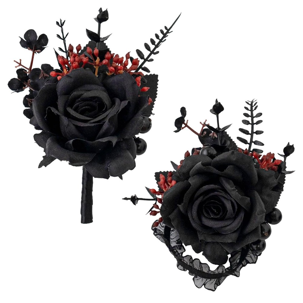 QZV Black Wrist Corsage and Boutonniere Set Gothic Flowers Bouquet Black,red