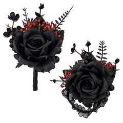 QZV Black Wrist Corsage and Boutonniere Set Gothic Flowers Bouquet Black,red