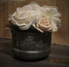 Burlap Roses & White Silk Rose Handmade Arrangement in Metallic Pot