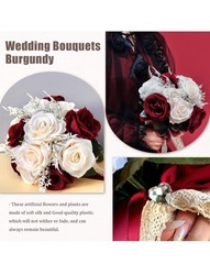 Wedding Bouquet Artificial Rose Burgundy White Ribbon Lace 10.2″x8.6″ S