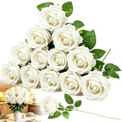 12PCS 20‘’ White Artificial Roses Flowers with 12pcs White Artificial Flowers