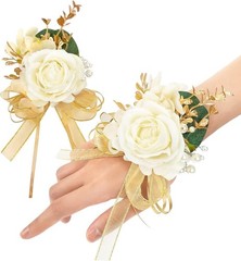 Ivory Rose Wrist Corsage Wristlet Band Bracelet and Boutonniere Set for Men Wome