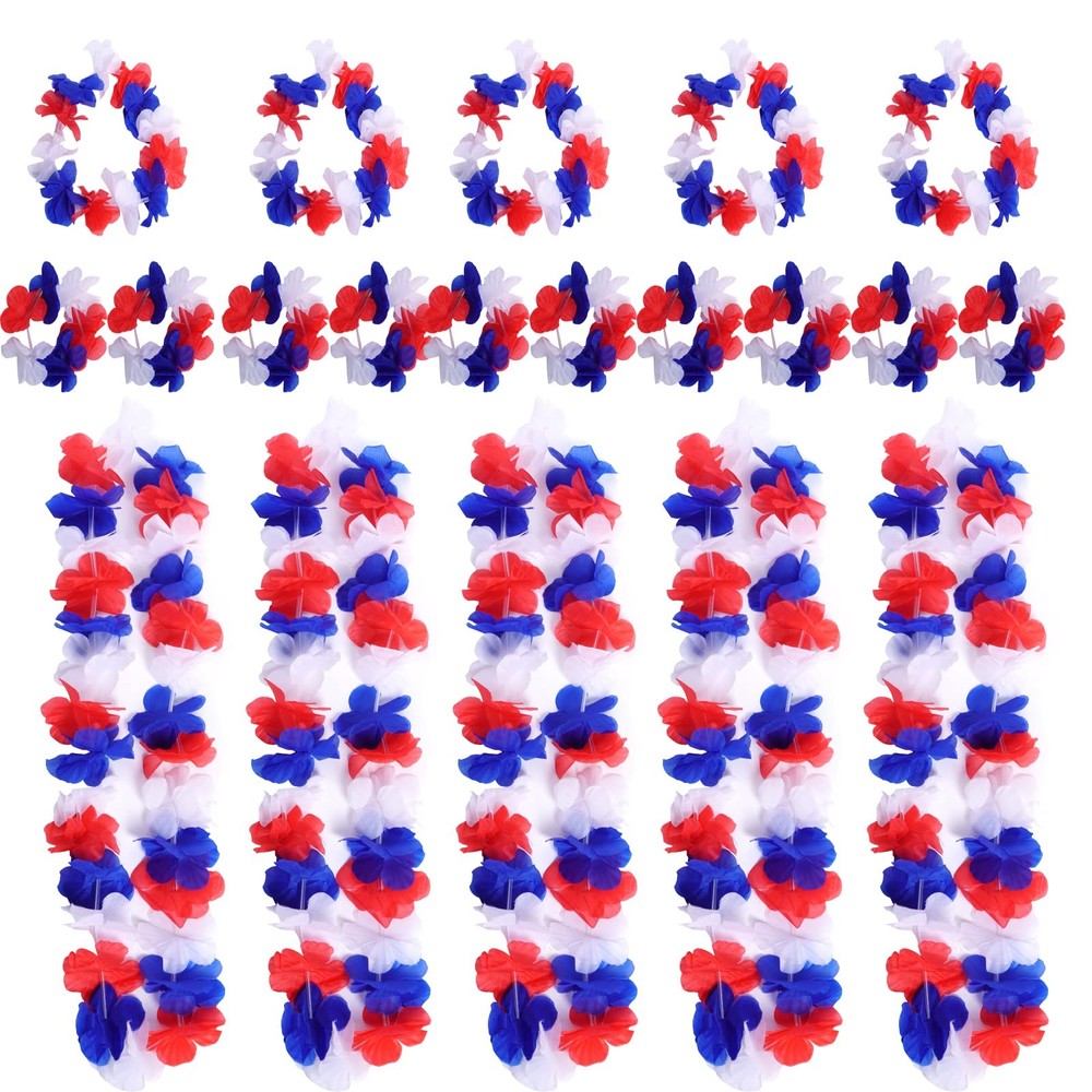 SUMERSHA 5 Set 20pcs Red White and Blue Flower Leis Patriotic 4th of July Decora