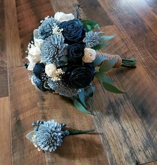 17PC Dusty Blue Navy Bridal Bouquet Bridesmaid Sola Wood Wedding Flower Set