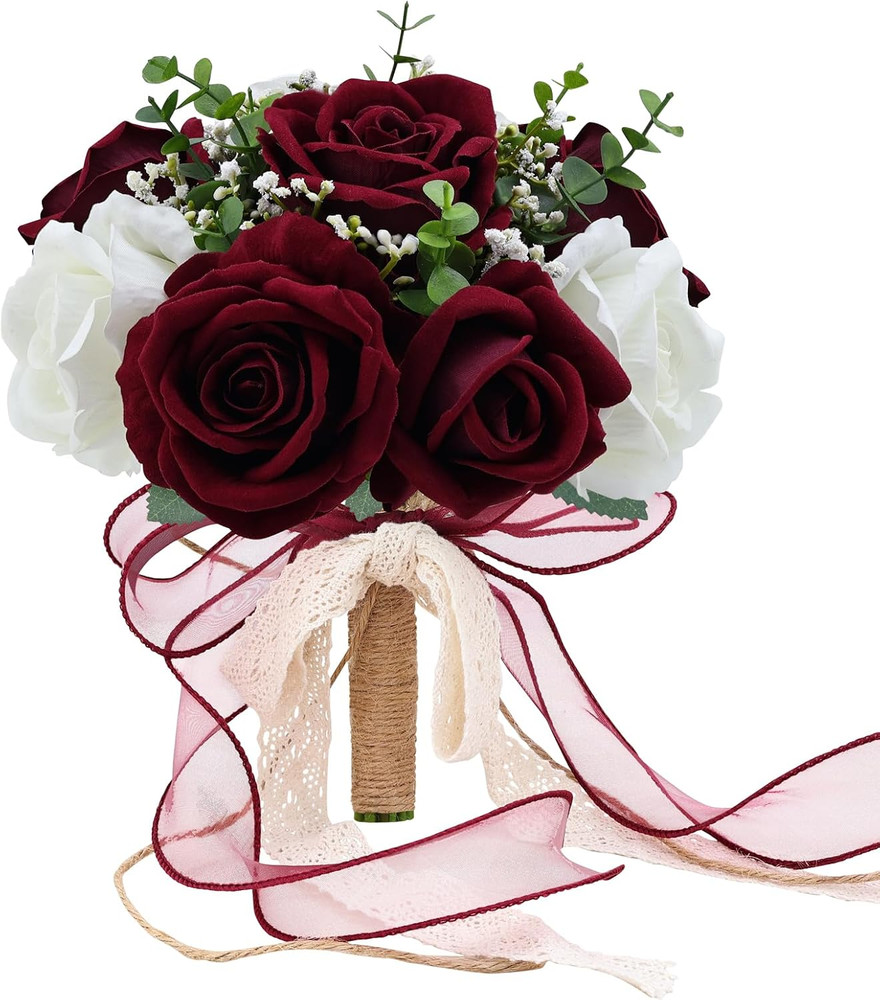 9in Wedding Bouquets for Bride Bridesmaid, Burgundy & White Artificial Roses Flo