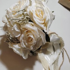 Bouquet White Roses Bride Boutonniere Lace Crochet Boho Cottage Beach Wedding
