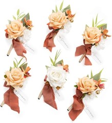 Set of 6 Terracotta & White Artificial Flower Boutonnieres for Men, Wedding &…