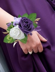 2Pcs Corsage and Boutonniere Set,Artificial Foam Rose,Groom Dark Purple