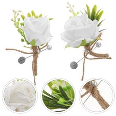 2Pcs Reusable Wedding Boutonniere Set Artificial Rose for Groom and Bride White
