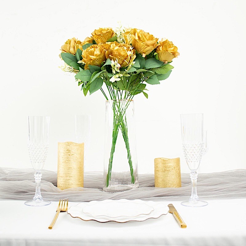 GOLD 2 Bushes 18″ ARTIFICIAL Faux Silk Rose FLOWERS Bouquet Wedding Decoration