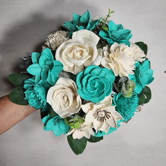 Aqua Ivory Rose Real Touch Bridal Wedding Bouquet Accessories