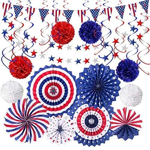 4th of July Patriotic Party Decorations 27 PCS Set, 6 Paper Fan, 6 Flower