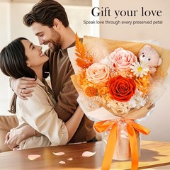 Preserved Flowers Bouquet with Bear, 3 Real Forever for Orange