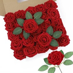 50Pcs Artificial Roses Flowers Fake Roses with Stems Real Touch 50PCS Dark Red