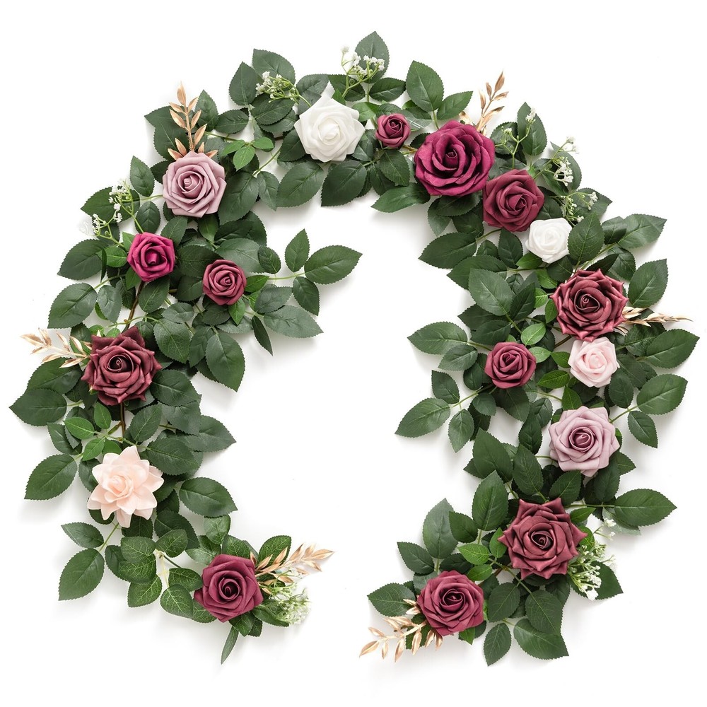 Ling’s Moment 5FT Burgundy Artificial Flower Garland Dusty Rose Leaves Floral…