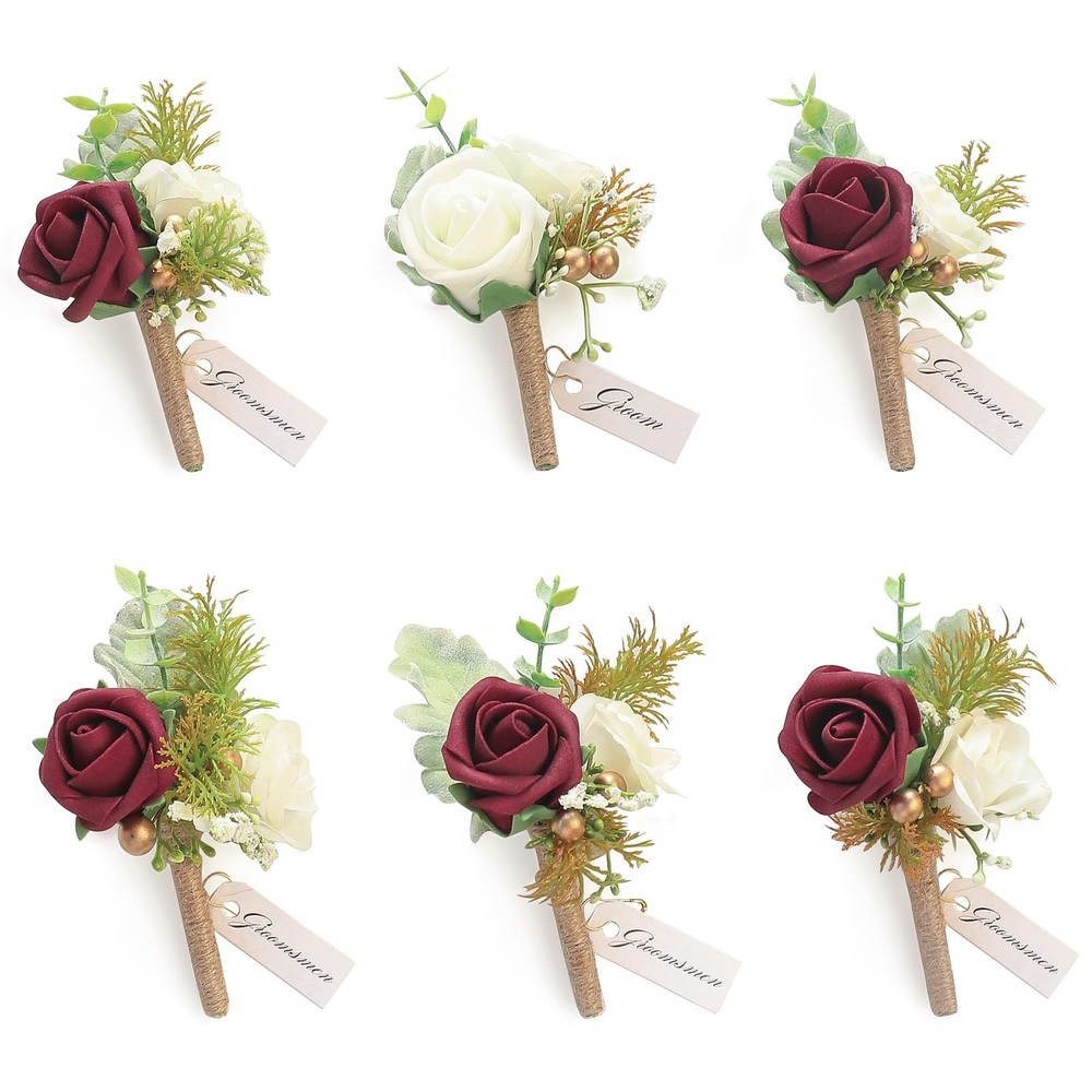 Floroom Set of 6 Burgundy & Ivory Foam Rose Boutonnieres with Pins for Men Weddi