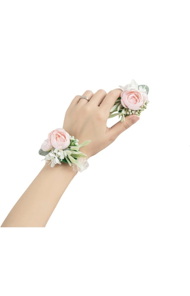 Meldel Pink Rose Wrist Corsages for Wedding, Set of 4, Wrist Flower Corsages .