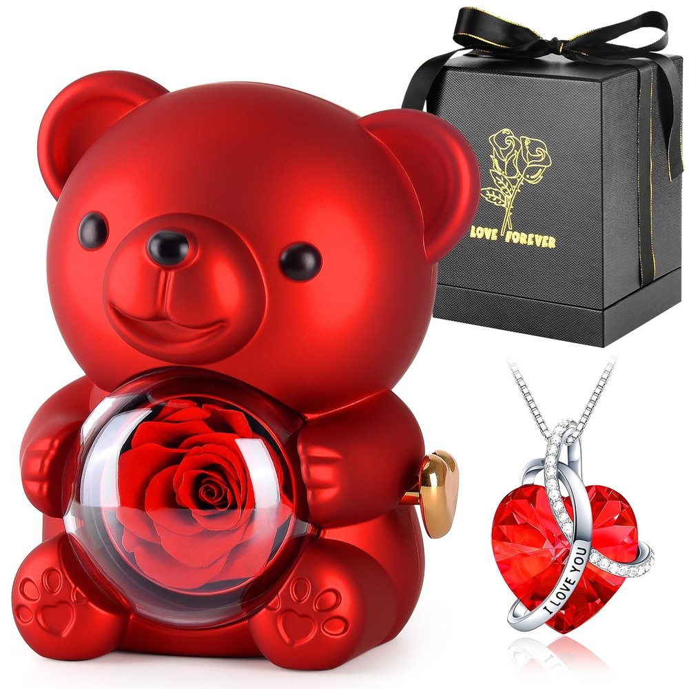 Cute Teddy Bear with Preserved Rose,Eternal Flowers Rotating Rose Box with Neck
