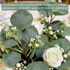 40 Pcs Faux Eucalyptus Leaves Stems Bulk Silver Dollar White Seed Artificial