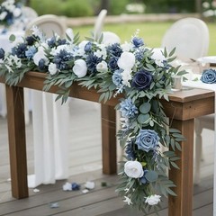 1Pc 6FT Artificial Eucalyptus Garland Blue Rose Flower Wedding Table Runner
