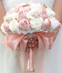 Pale Pink & Ivory Satin Rose Bridal Toss Bouquet – 9.4″ Handmade Floral Bunch