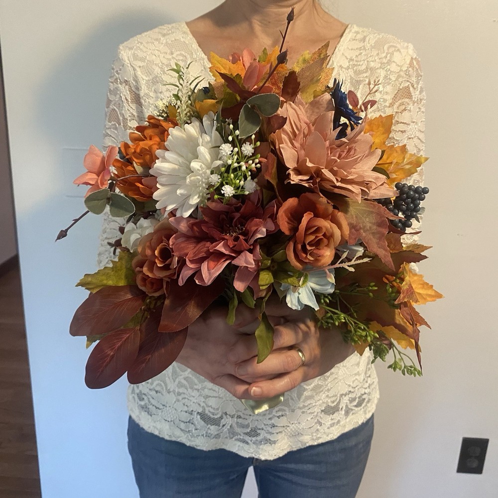 Bridal Wedding Bouquet Lovely Budget Minded Faux Bubble Pearl Blue + Fall Colors