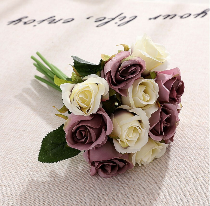 US 12Head Silk Rose Flowers Floral DIY Bridal Wedding Bouquet Home Garden Vibes