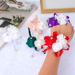 4 Pcs Wrist Corsage and Boutonnieres Set Silk Rose Wedding Bridesmaid Dark Green