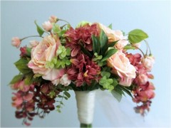 Silk Flower Cascade BRIDAL BOUQUET Pink Mauve Roses Dahlia Wisteria Eucalyptus